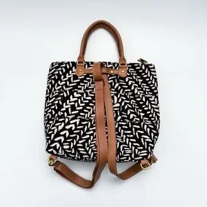 Sseko Designs Canvas Leather Convertible Backpack Tote Bag Black Tan Geometric Sseko convertible tote - Gem main image 2